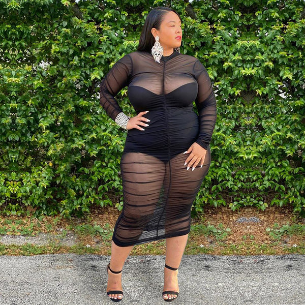 Thick and Sexy Plus Size Clothing Dresses for Women Long Sleeve Dress with Bodysuit Lining Sexy Mesh Dress