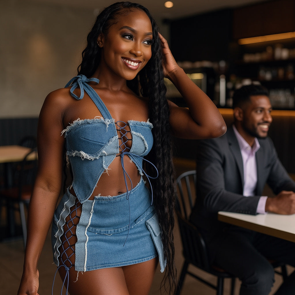 Women's Sexy Denim 2 Piece Skirt Set Halter Lace Up Crop Top + Mini Skirt Nightclub Festival Outfit Y2K Streetwear Club Set S–2XL