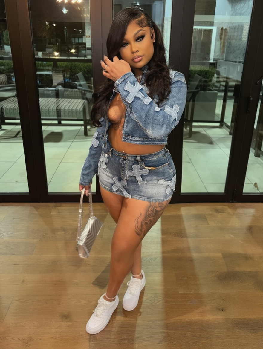 Bad Girl High Level Sexy Real Denim Embroidered Short Skirt Jacket Suit