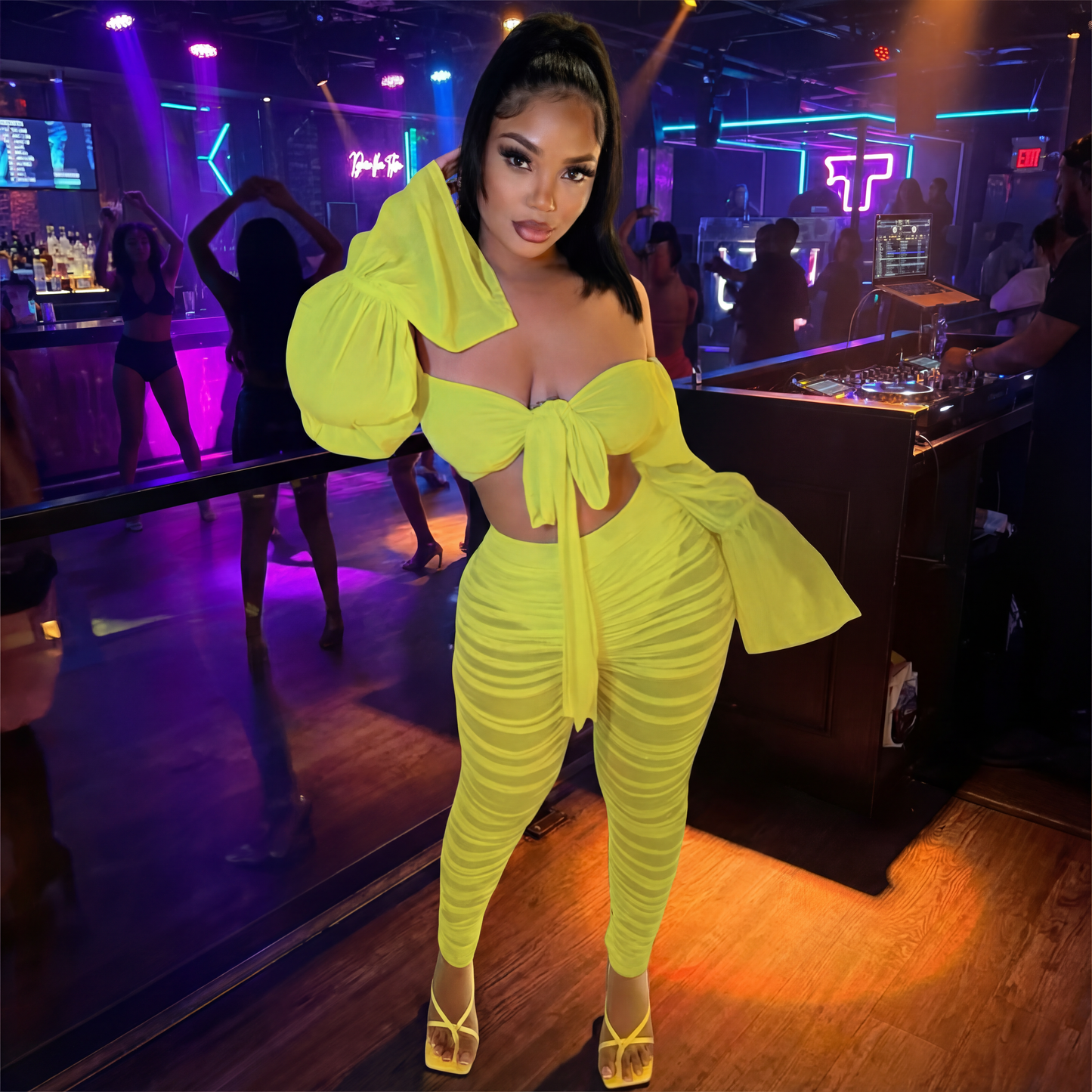 Women’s Off-Shoulder Bell Sleeve Top & Mesh Pleated Pants Set