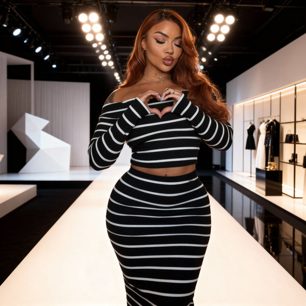 Classy Sassy 2-Piece Skirt Set – Stripe Off-Shoulder Long Sleeve Crop Top & Maxi Skirt for Women