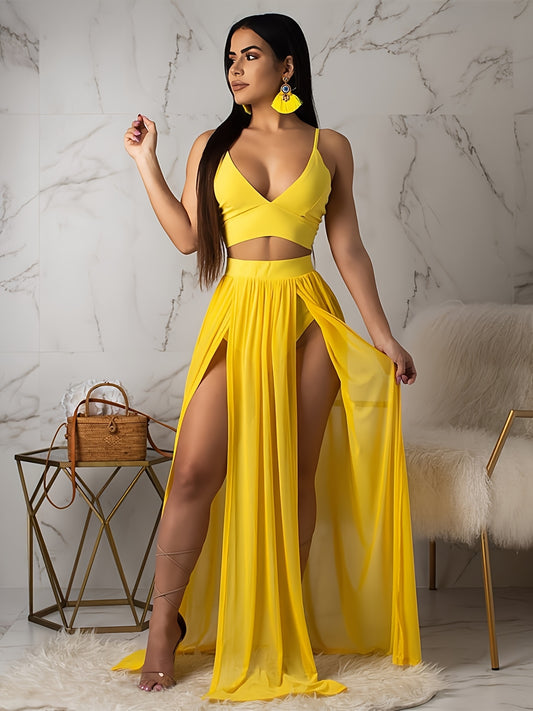 Goddess Energy 2-Piece Sexy Skirt Set – Strap Bra Crop Top &amp; High Split Chiffon Skirt 💋✨