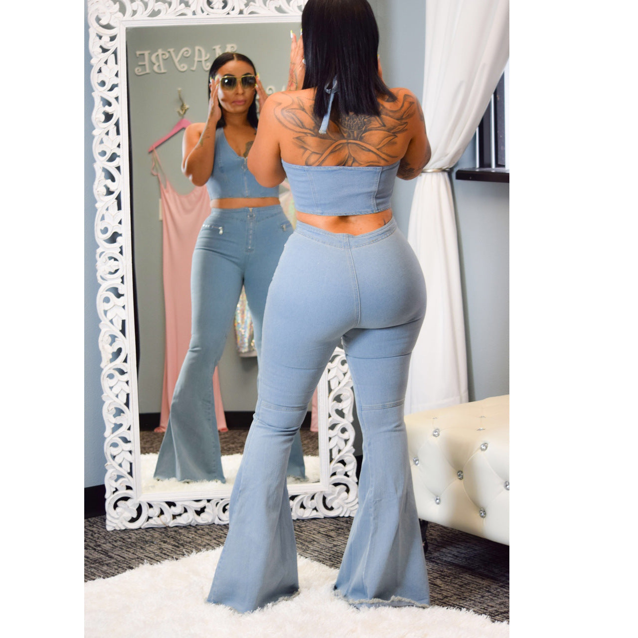 2 Piece Color Sexy – Blue Frosted Washed Denim Suit