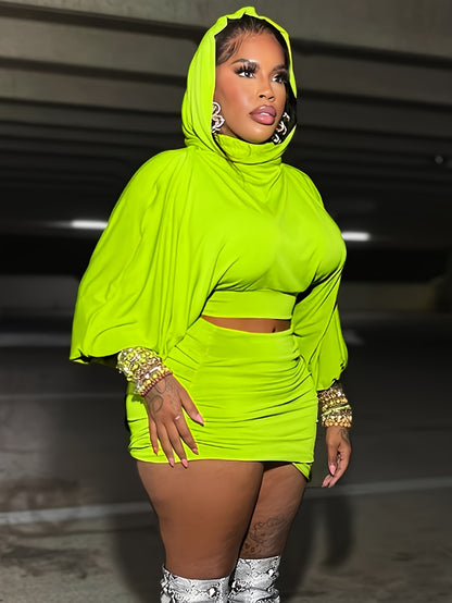 Thick and Sexy🍑 This Plus Size Hooded Crop Top + Ruffle Mini Skirt Set