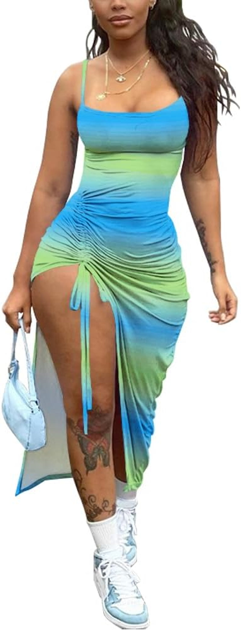 Womens Sexy Summer Dresses Spaghetti Strap Thigh-High Slit Ruched Bodycon Maxi Club Cocktail Party Dress