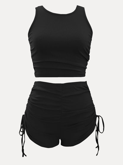 Women's Sexy Two Piece Shorts Set Crew Neck Sleeveless Crop Tank Top + Drawstring Ruched High Waist Shorts Summer Y2K Club Outfits S–3XL