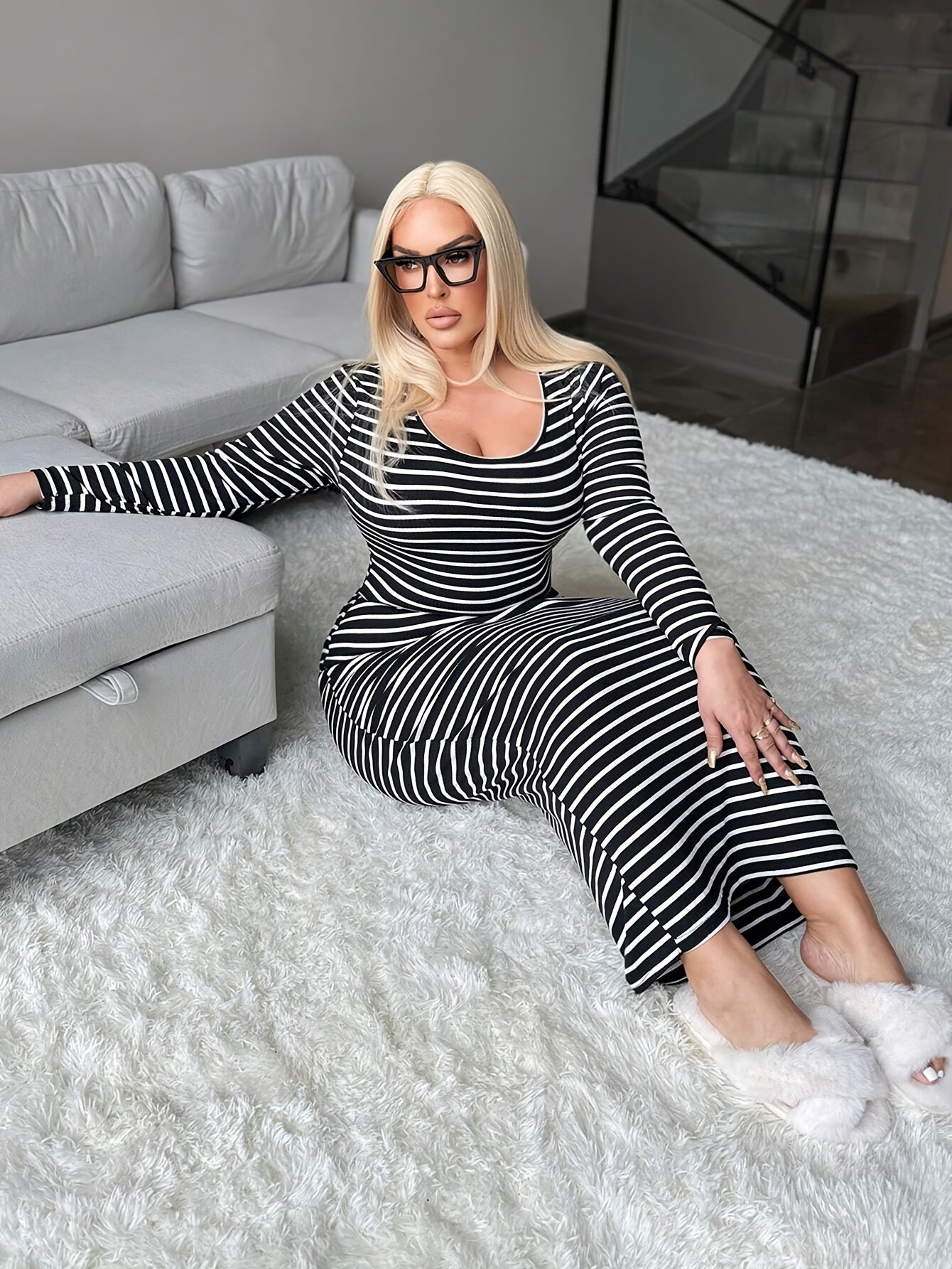 Thick & Sexy Elegant Long Sleeve Maxi Dress - Black & White Striped Vertical Pinstripe Formal & Semi-Formal Outfits, Round Neck Long Sleeve A-Line Silhouette, Machine Washable Winter Warmth, Plus Size Curvy