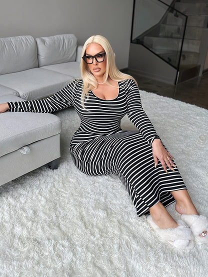 Thick & Sexy Elegant Long Sleeve Maxi Dress - Black & White Striped Vertical Pinstripe Formal & Semi-Formal Outfits, Round Neck Long Sleeve A-Line Silhouette, Machine Washable Winter Warmth, Plus Size Curvy