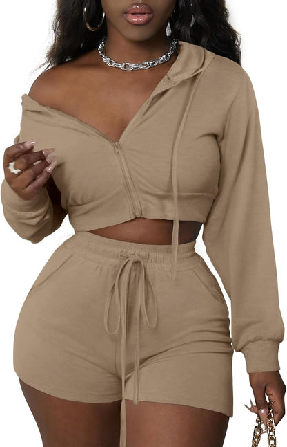 Women 2 Piece Outfits Long Sleeve Crop Zipper Hoodie and Shorts Tracksuit Set