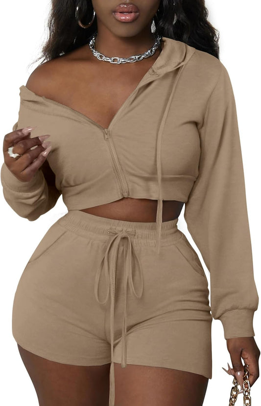 Women 2 Piece Outfits Long Sleeve Crop Zipper Hoodie and Shorts Tracksuit Set