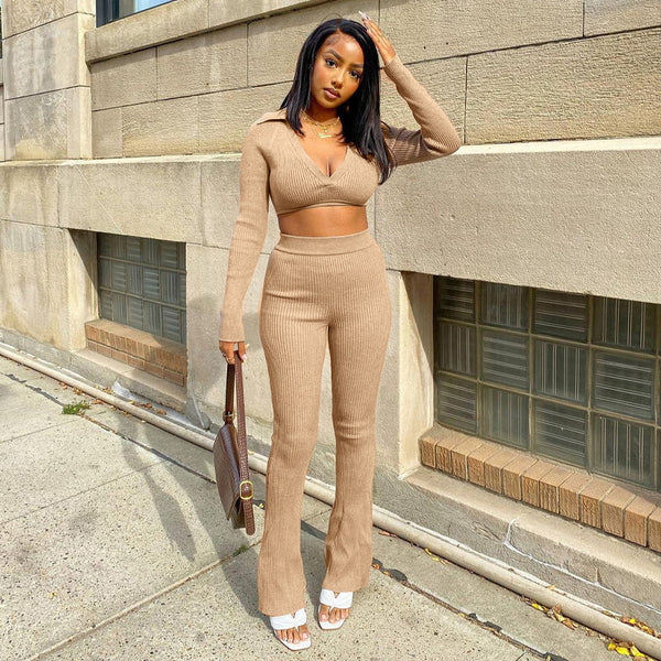 Get It Done Solid Color V-Neck Long-Sleeve  Body Curving Top Micro-Flare Pants Two-Piece Set