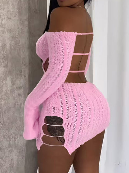 Off-Shoulder / One-Shoulder Long Sleeve Hollow-Out Mini Dress