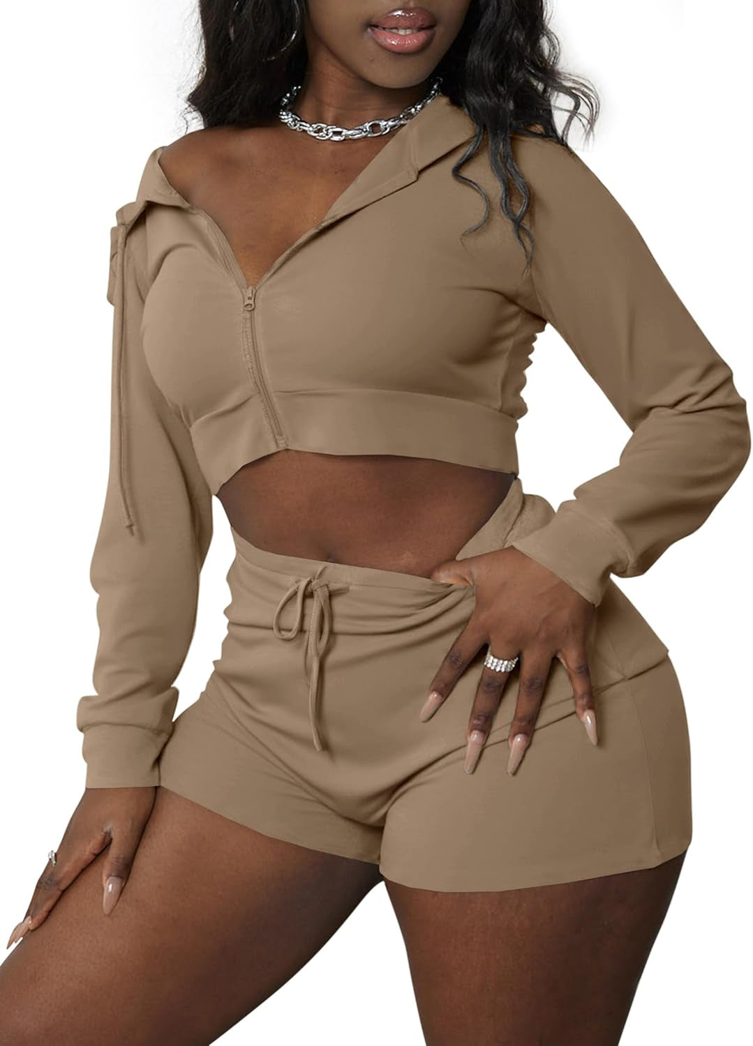 Women 2 Piece Outfits Long Sleeve Crop Zipper Hoodie and Shorts Tracksuit Set
