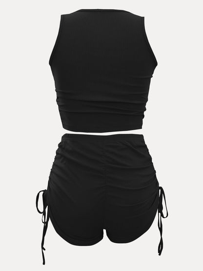 Women's Sexy Two Piece Shorts Set Crew Neck Sleeveless Crop Tank Top + Drawstring Ruched High Waist Shorts Summer Y2K Club Outfits S–3XL