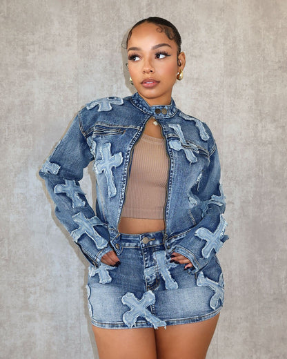 Bad Girl High Level Sexy Real Denim Embroidered Short Skirt Jacket Suit