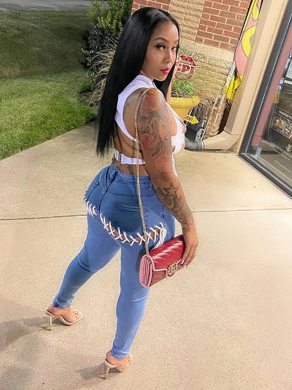 Women's Plus Size Cross Strappy Skinny Jeans Mid Rise Tight Stretch Denim Pants Sexy Cut Out Clubwear
