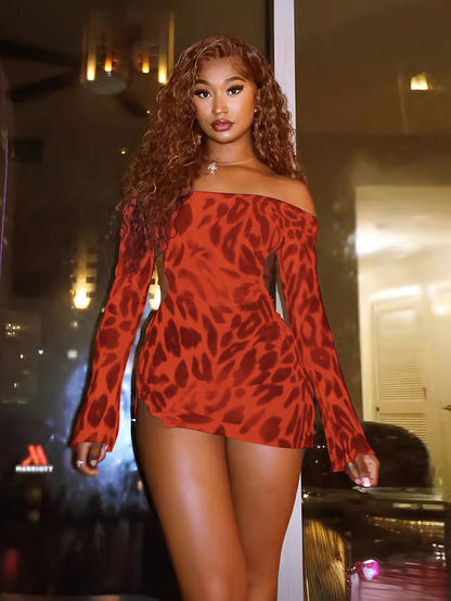 Women's Sexy Off Shoulder One Shoulder Leopard Print Maxi Dress Short Sleeve Back Cutout Bodycon Party Club Dress Red Black Y2K Fall Winter