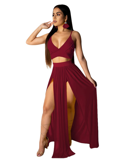 Goddess Energy 2-Piece Sexy Skirt Set – Strap Bra Crop Top &amp; High Split Chiffon Skirt 💋✨