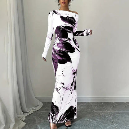 Shine Bright Women's Hip Hugging Elegant Off-Shoulder Tie-Dye Floral Bodycon Dress Stretchy Season Party & Casual Dress