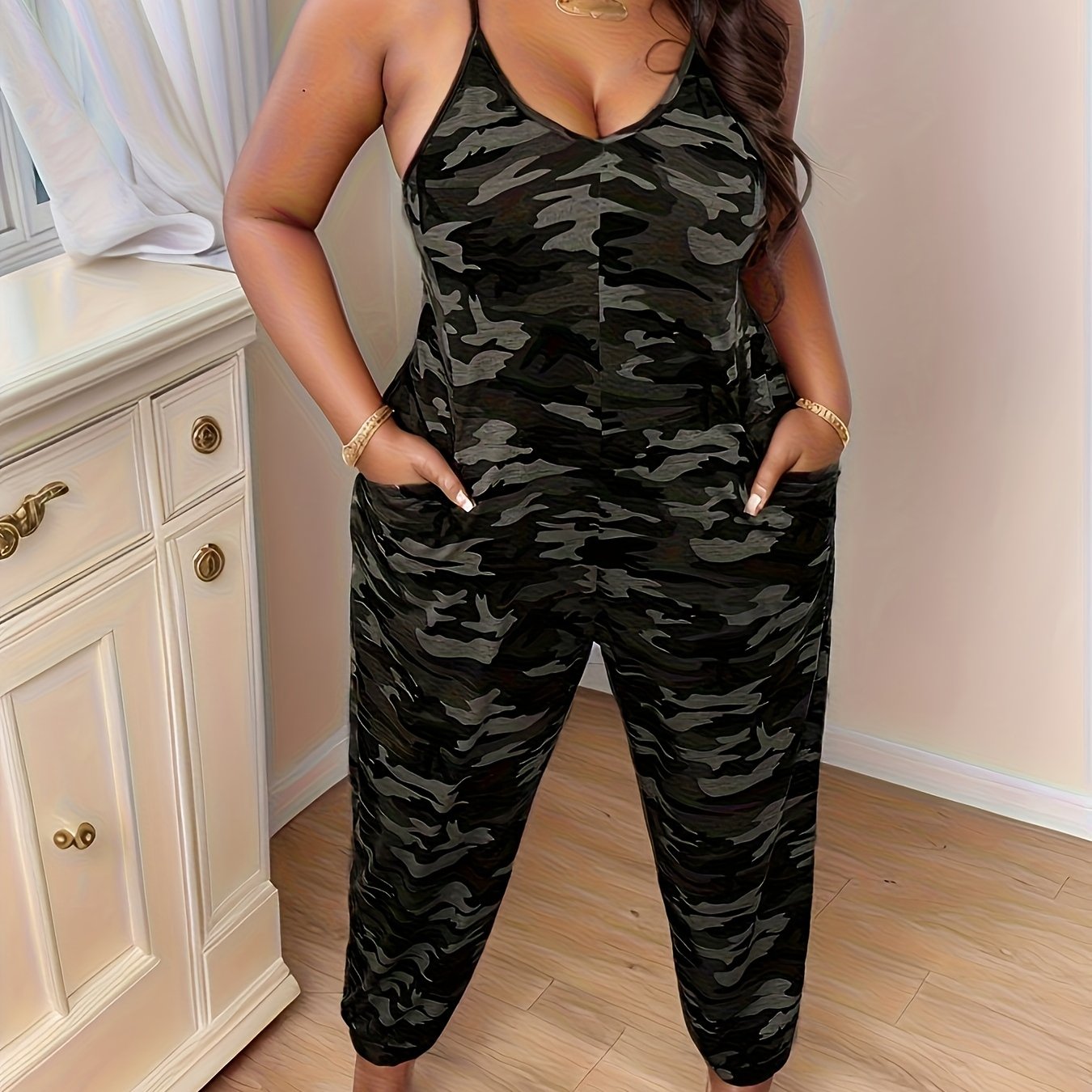 Thick & Sexy Camo V-Neck Jumpsuit with Pockets - Stretchy, Sleeveless, Wide-Leg Design, Black & Brown, Perfect for Street Style, Casual Attire, Casual Attire plus size
