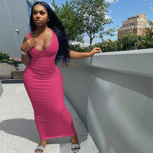 Women Casual Sexy Deep U Neck Tank Top Bodycon Dress Summer Sleeveless Wrap Long Basic Party Club Maxi Dresses