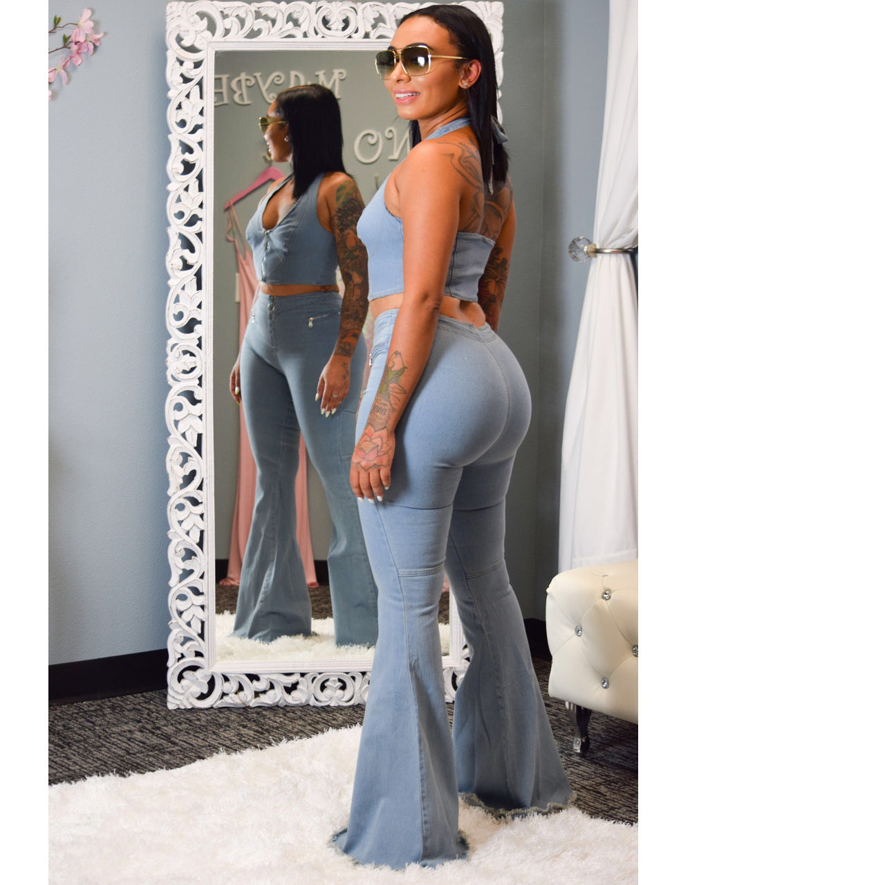 2 Piece Color Sexy – Blue Frosted Washed Denim Suit