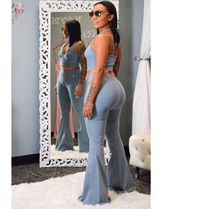 2 Piece Color Sexy – Blue Frosted Washed Denim Suit