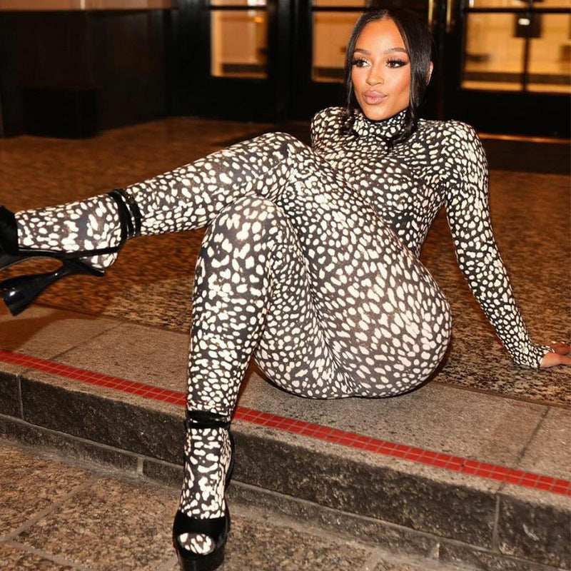 Fashion Printing Slim Back Zipper Turtleneck Long Sleeve Jumpsuit Natural Body Fit