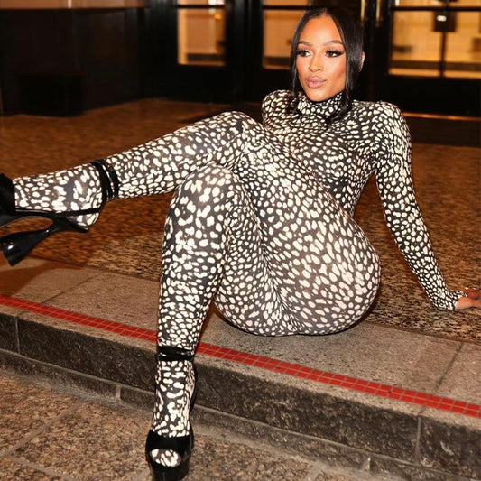 Fashion Printing Slim Back Zipper Turtleneck Long Sleeve Jumpsuit Natural Body Fit