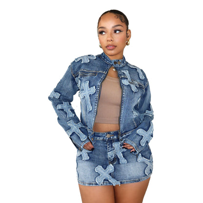 Bad Girl High Level Sexy Real Denim Embroidered Short Skirt Jacket Suit