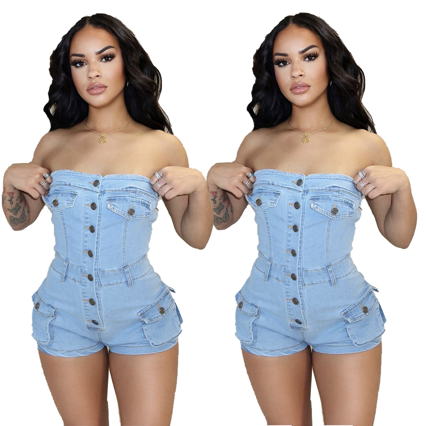 Not Just a Pretty Face – Denim Tube Top Stretch Jumpsuit for Women