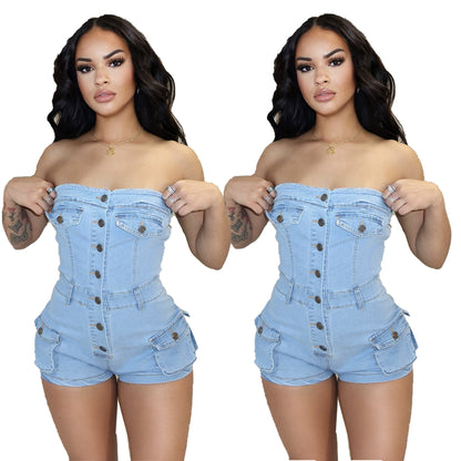 Not Just a Pretty Face – Denim Tube Top Stretch Jumpsuit for Women
