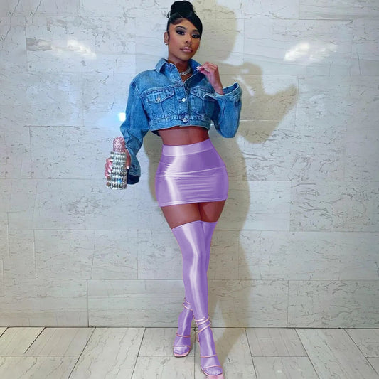 Let HER Shine Pure Color Silk Sexy Tight Hip Skirt &amp; Half Socks Suit 💖🔥