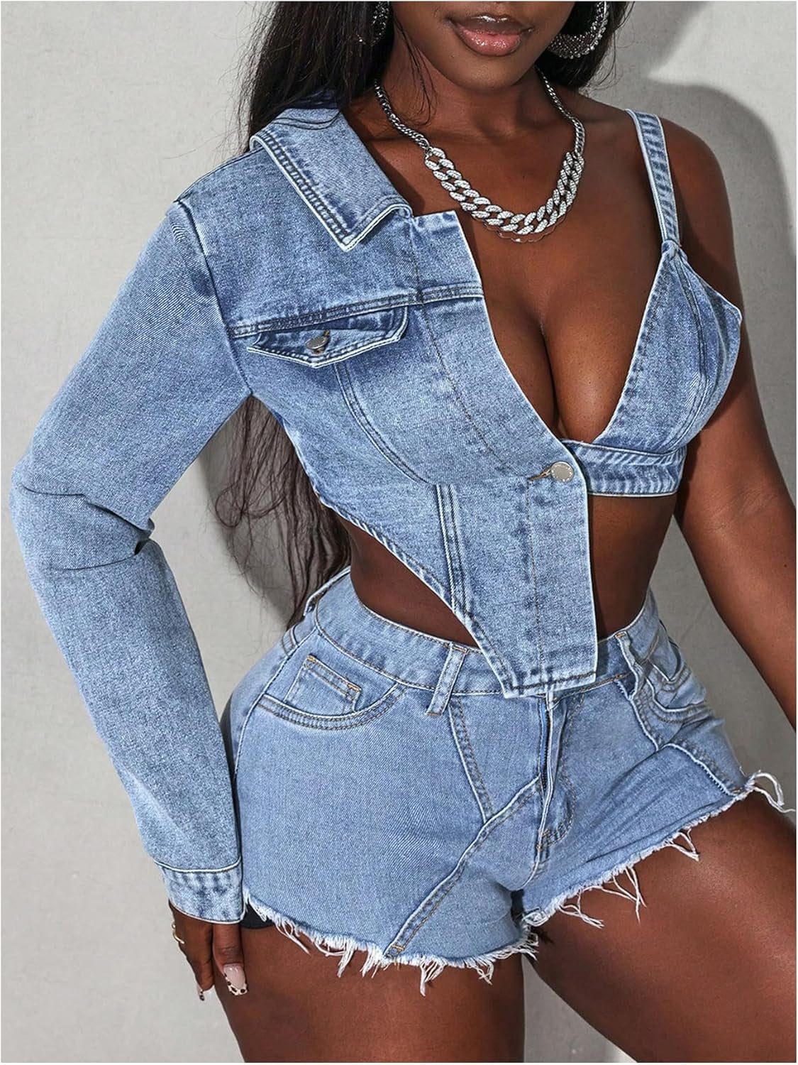 Women'S Denim Jacket Button Front Long Sleeve Cut Out Asymmetrical Crop Top Vinatge Jean Coat