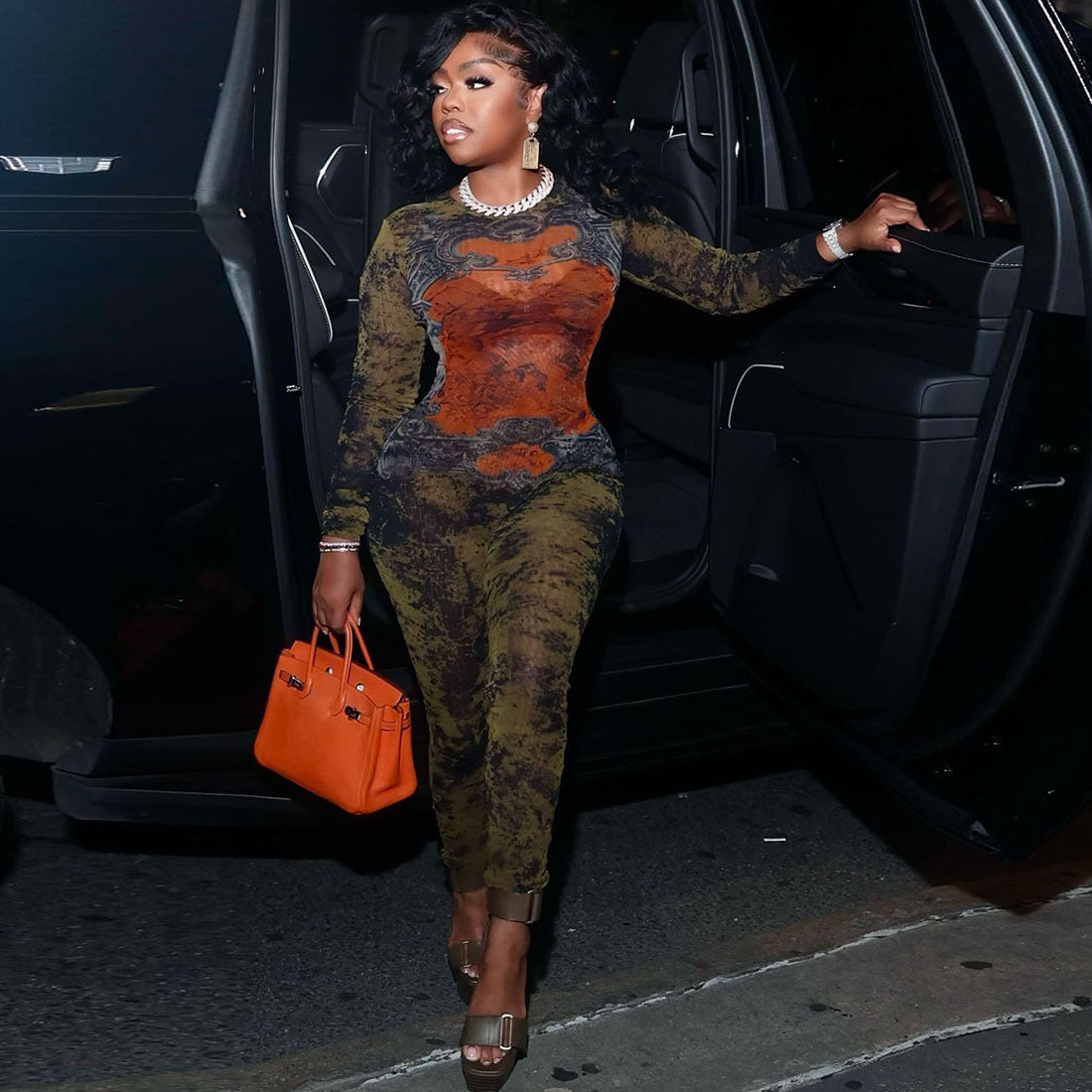 🔥 Women’s Printed Sexy Mesh Jumpsuit 🔥 High Waist • Slim Fit • Long Sleeve • Front Zipper