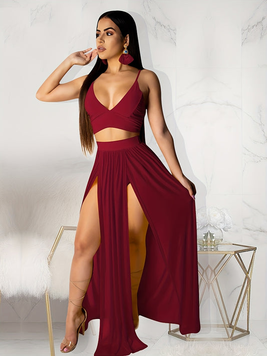 Goddess Energy 2-Piece Sexy Skirt Set – Strap Bra Crop Top &amp; High Split Chiffon Skirt 💋✨