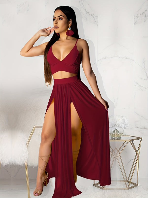 Goddess Energy 2-Piece Sexy Skirt Set – Strap Bra Crop Top &amp; High Split Chiffon Skirt 💋✨