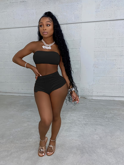 Velvet Strapless Two-Piece Shorts Set – Chic Sexy Solid Color Outfit