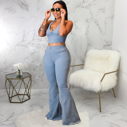 2 Piece Color Sexy – Blue Frosted Washed Denim Suit