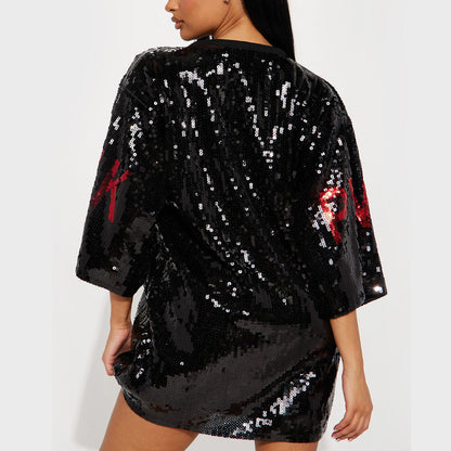 Sequins Glitter Letter Embroidery Loose T-shirt Skirt