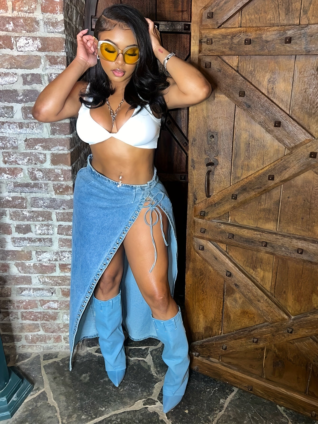 Women's High-Waisted Light Wash Blue Distressed Denim Jumpsuit Dress with Side Slit & Drawstring Tie - Street Style Full-Length Outfit, Machine Washable for Spring/Summer/Fall, Casual to Formal Events (Tomboy Chic Look) - Ver