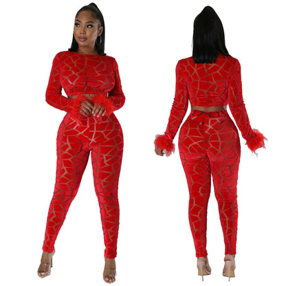 Celebrity-Inspired Matching Set – Faux Fur Sleeve Top & Bottoms