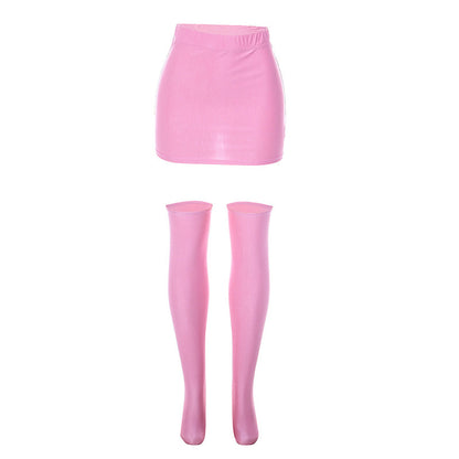 Let HER Shine Pure Color Silk Sexy Tight Hip Skirt &amp; Half Socks Suit 💖🔥