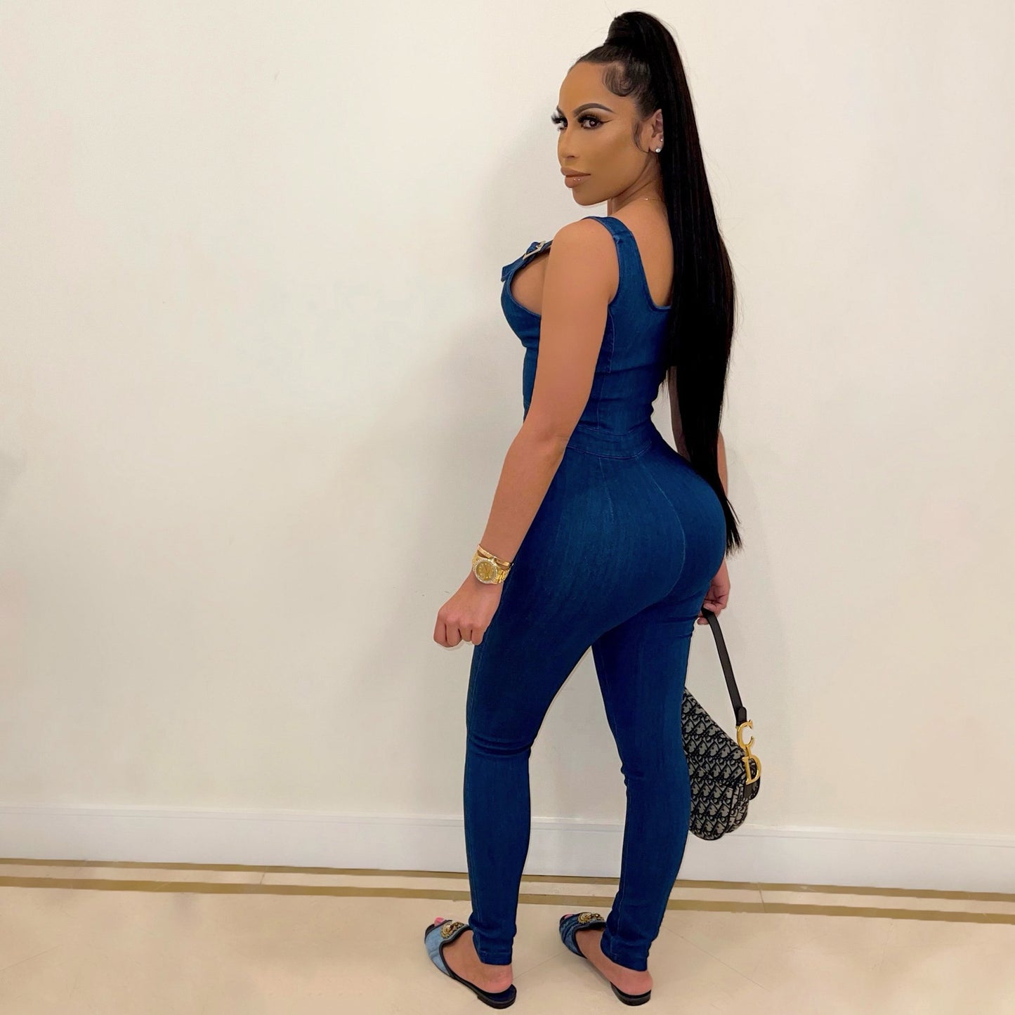 Simple But You See Her – High Elastic Denim Overalls Jumpsuit