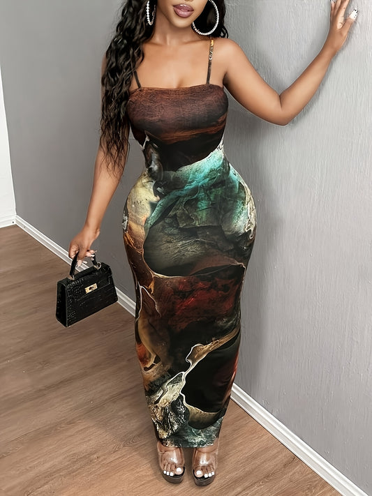 Sexy Fitted Maxi Marble Print Cami Dress – Body-Hugging, Sleek & Eye-Catching