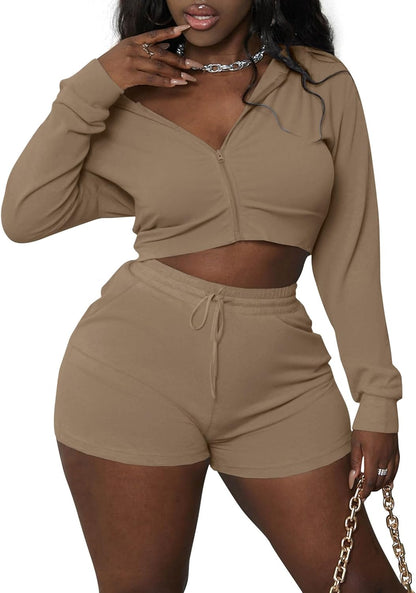 Women 2 Piece Outfits Long Sleeve Crop Zipper Hoodie and Shorts Tracksuit Set