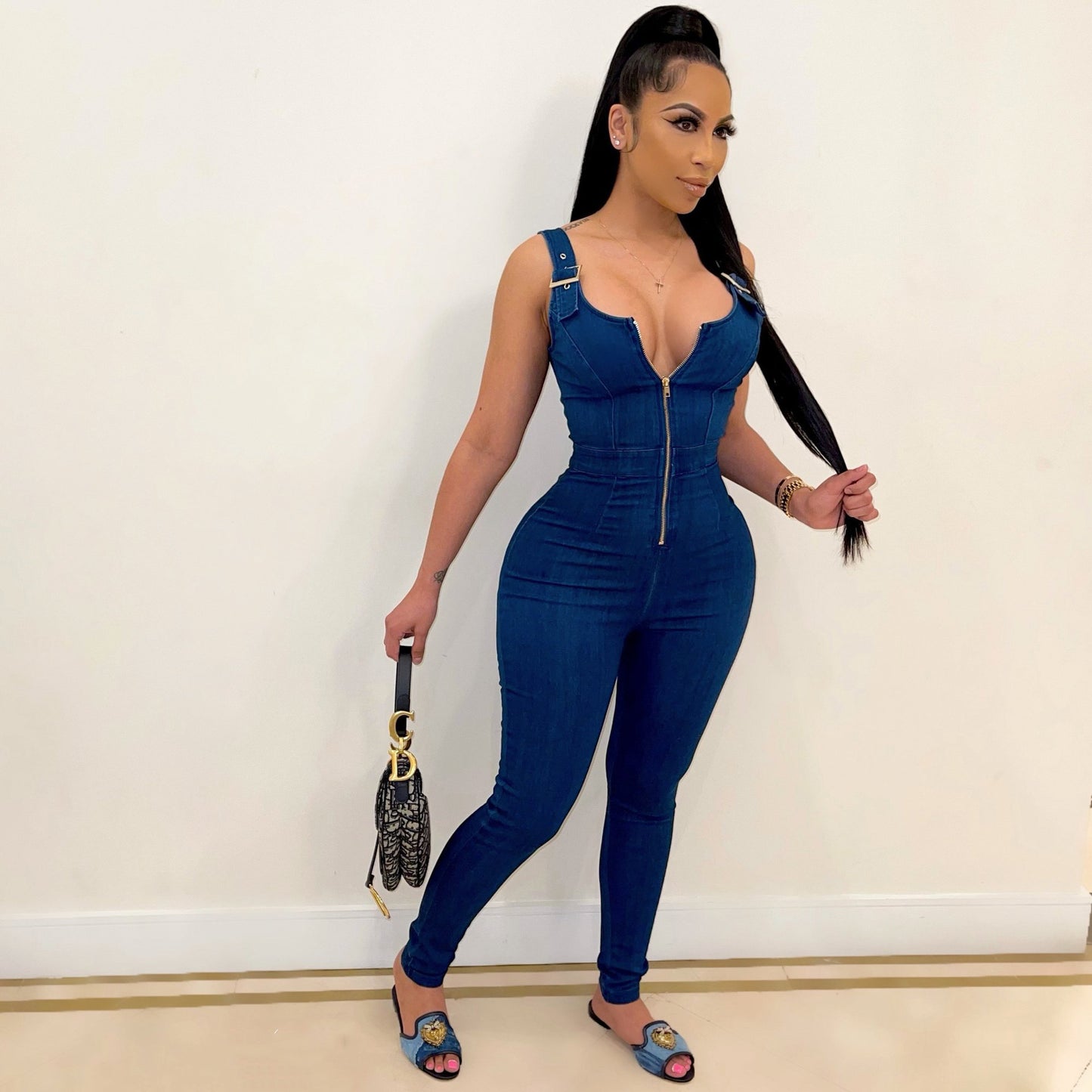 Simple But You See Her – High Elastic Denim Overalls Jumpsuit