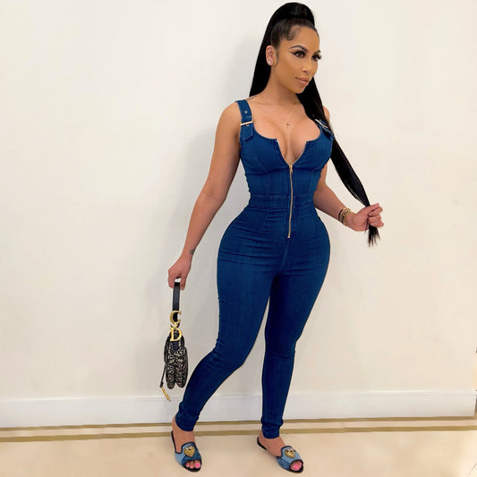 Simple But You See Her – High Elastic Denim Overalls Jumpsuit