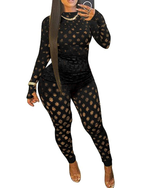 Mojessy Sexy 2 Piece Outfits for Women Clubwear Hollow Out Long Sleeve Crop Top Bodycon Pants Set Birthday Outfits Black L