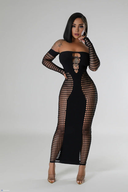 KIZOIEJE Stunning Hollow Out Long Sleeve Bodycon Maxi Dress for Women, Sexy Elegant Mesh Sheer Party Dress for Club(Black - One Size)